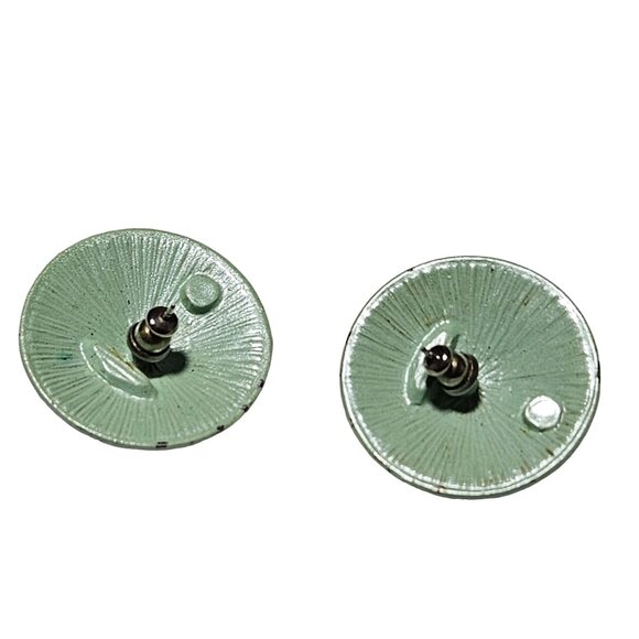 Retro Mint Green Hammered Metal Round Button Earrings 50s 60s Fashion Jewelry - Picture 3 of 4